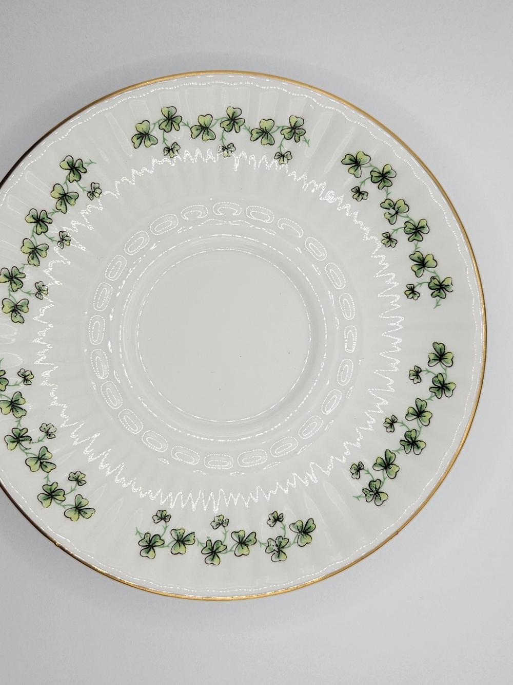Claddagh China White Saucer with Green Shamrock Pattern and Gold Rim